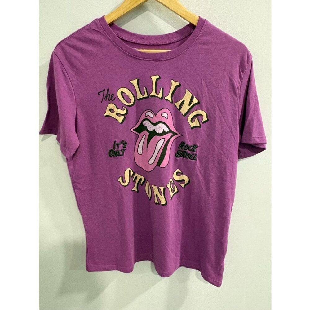 Purple Rolling Stones Graphic Tee with Pink & Yellow Logo Black Embroidered